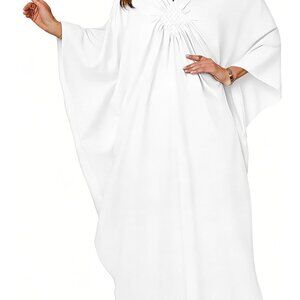 Womens White V-Neck Batwing Sleeves Summer Beach Smocked Waist Maxi Kaftan Dress